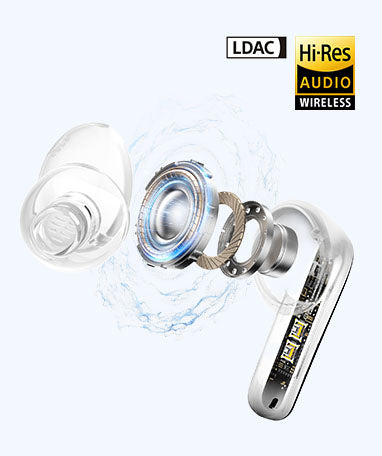 Silberne kabellose In-Ear-Kopfhörer mit LDAC und Hi-Res Audio, transparentes Design.