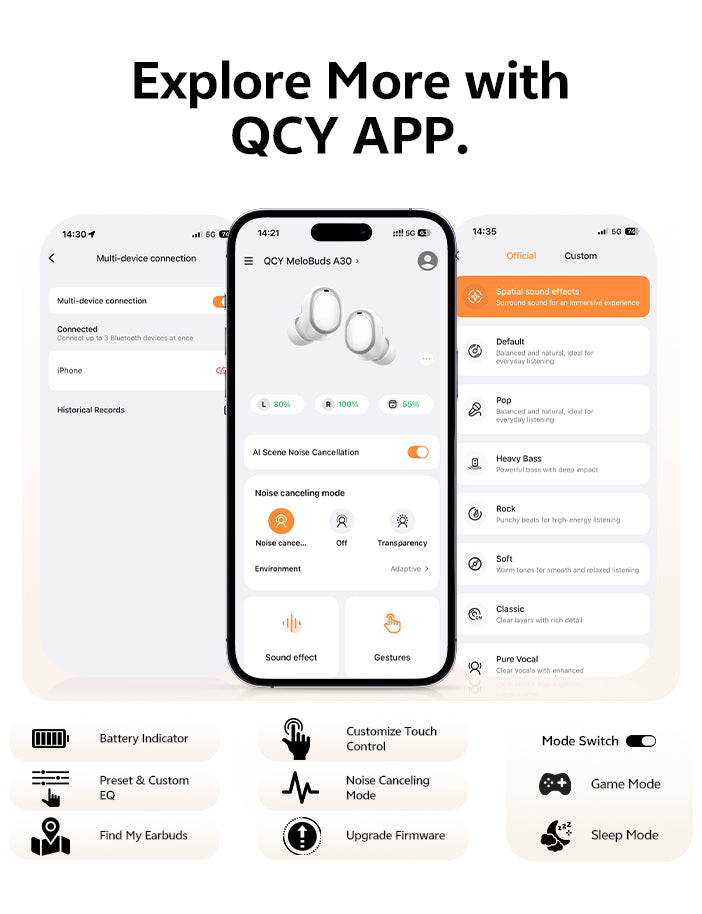 QCY App für MeloBuds A30: Noise Cancelling, Soundeffekte & Mehrgeräteverbindung auf einem Smartphone-Bildschirm anzeigen.