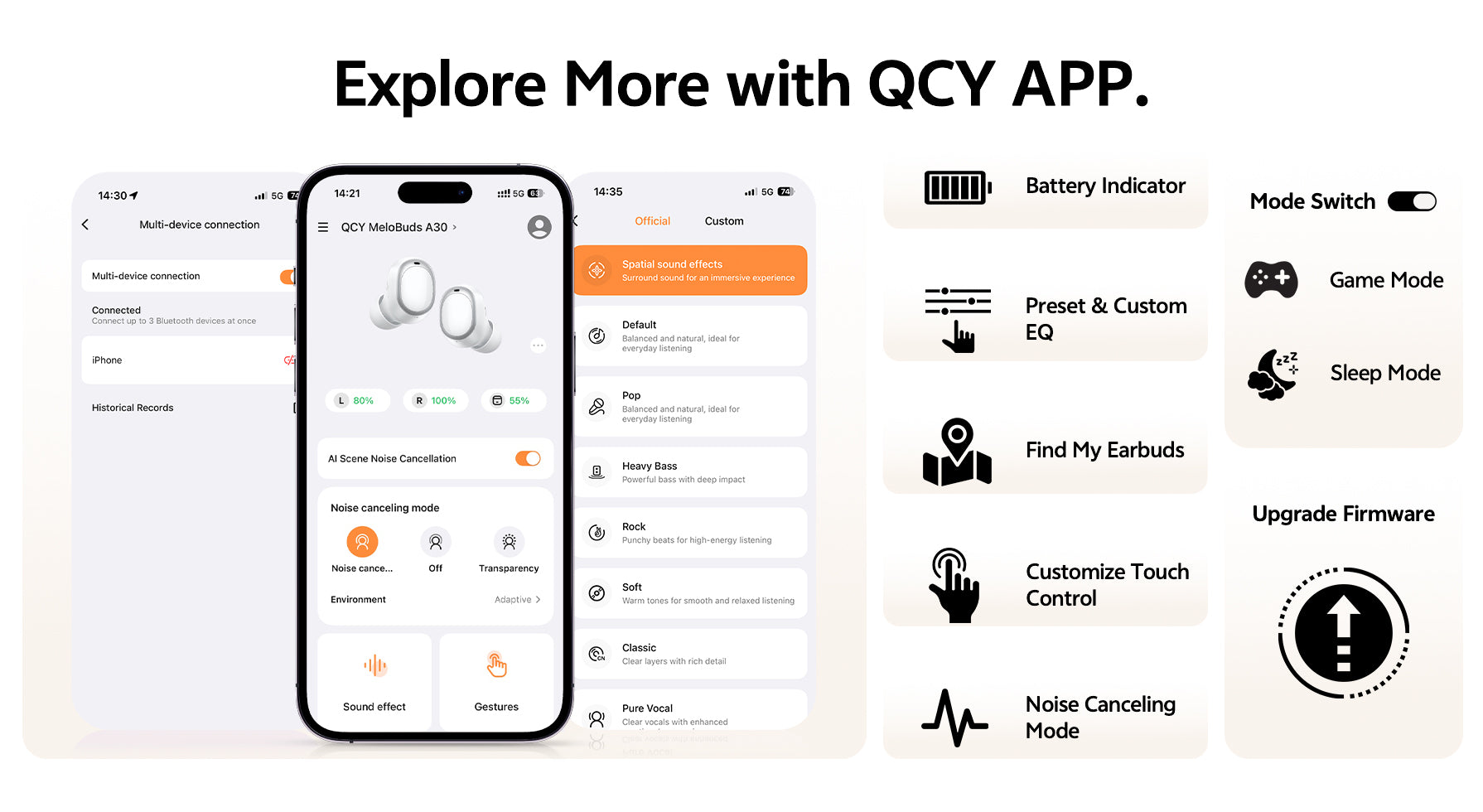 QCY App: Funktionen wie Geräteverbindung, EQ-Einstellung, Noise Cancelling und Firmware-Update für kabellose Kopfhörer.