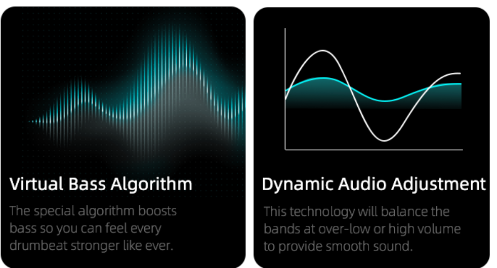 Virtual Bass Algorithmus und dynamische Audioanpassung für kraftvollen Bass und ausgewogenen Klang bei jeder Lautstärke.