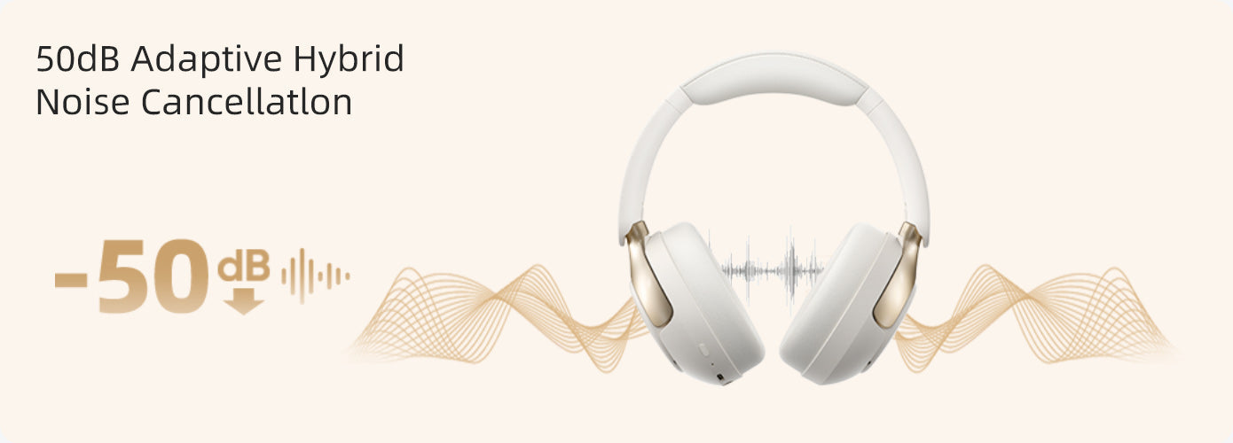 Weißes Headset mit 50dB adaptiver Hybrid-Rauschunterdrückung, dargestellt mit Schallwellen und Lärmreduktion.