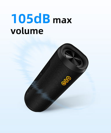Schwarzer tragbarer Bluetooth-Lautsprecher mit 105dB Maximal Lautstärke, kompakt und leistungsstark für unterwegs.