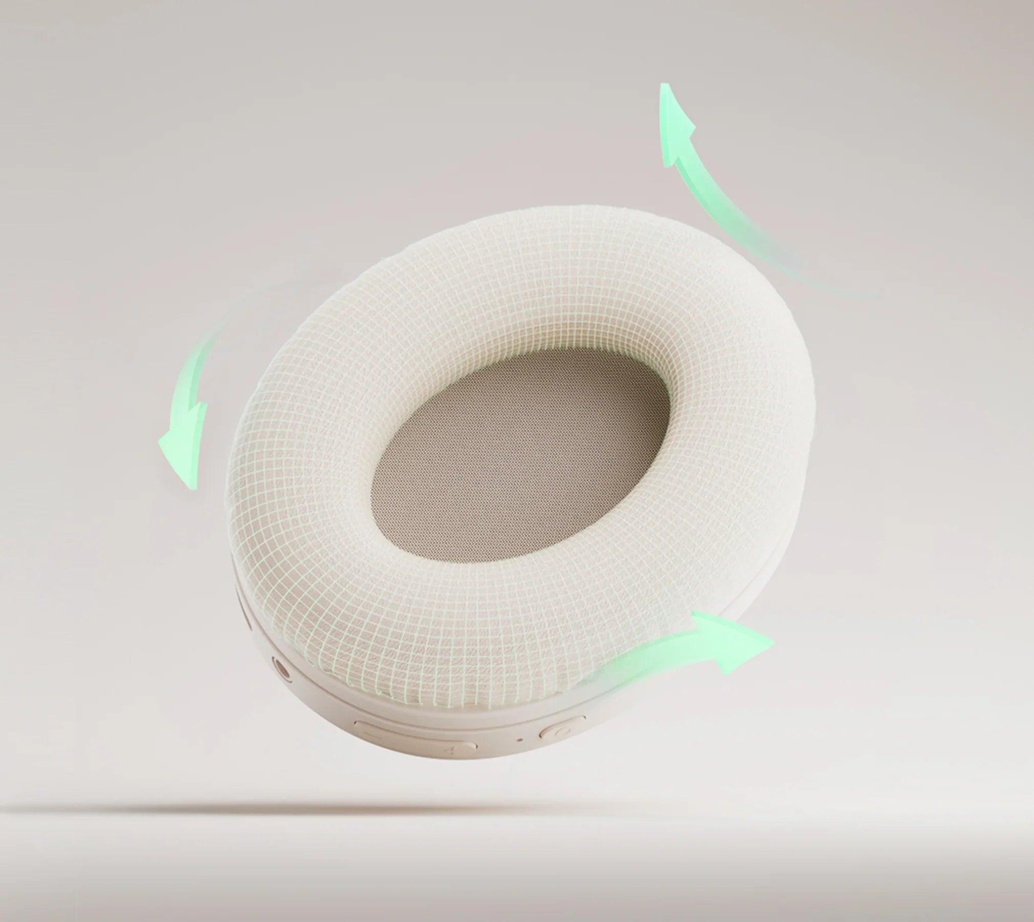 Weiße drehbare Kopfhörer mit atmungsaktivem Mesh und grünen Pfeilen für 360°-Rotation.