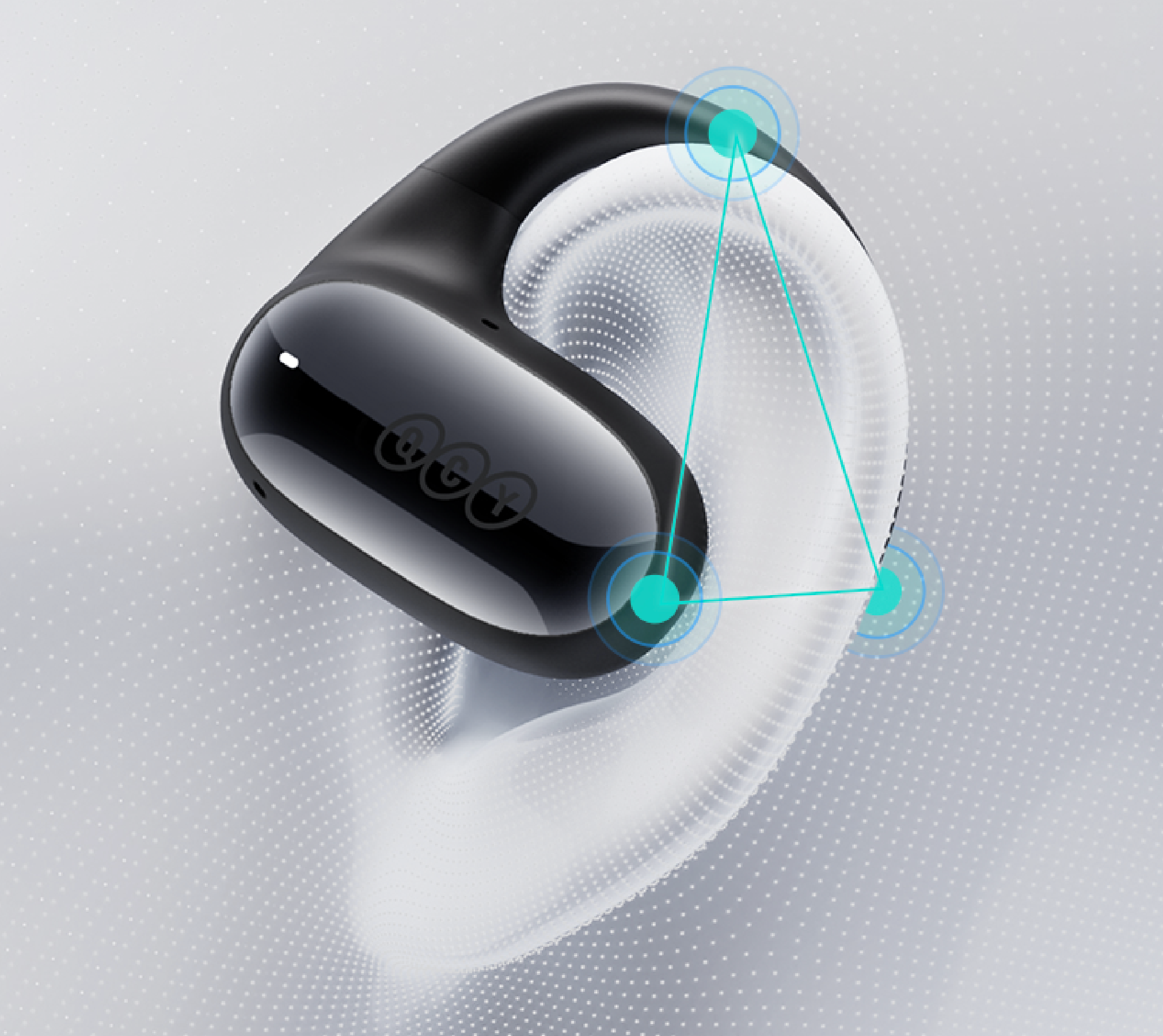 Schwarze QCY-Ohrhörer in Hülle mit 3D-Sound-Diagramm, ideal für Musik und Anrufe.