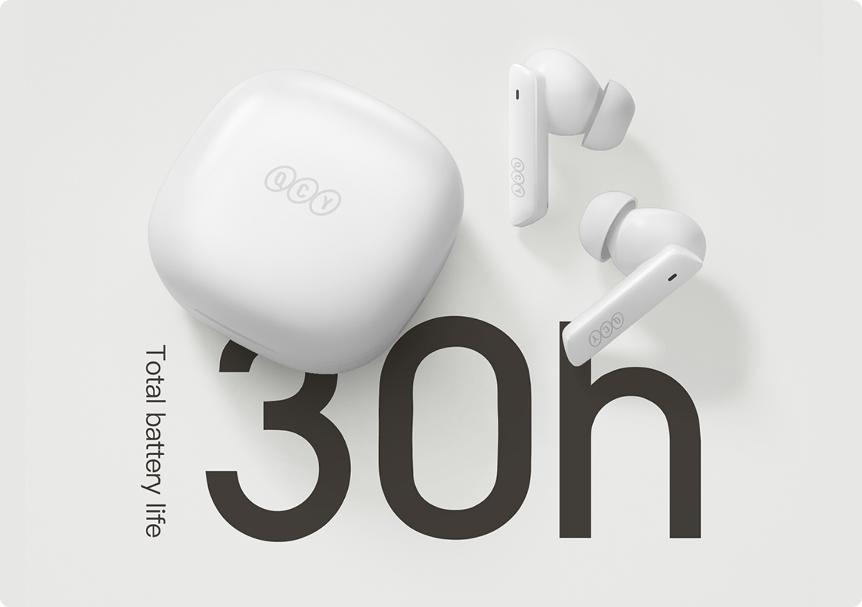 Weiße QCY T13 Bluetooth Kopfhörer mit Ladecase, 30h Akkulaufzeit, kabellos, In-Ear Design für Musik und Calls.