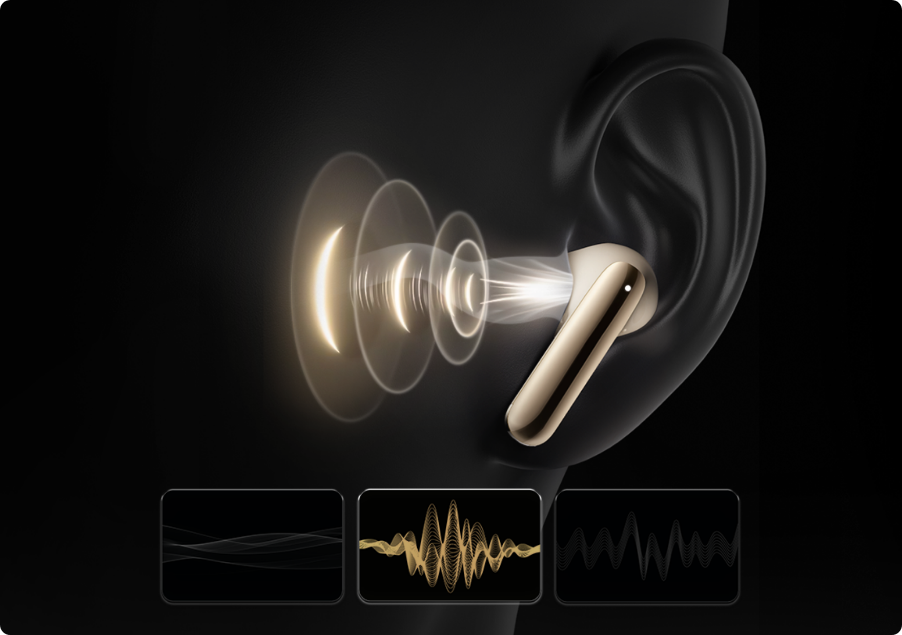 Goldener In-Ear-Kopfhörer mit Schallwellen-Darstellung und Audiowellen-Analyse.
