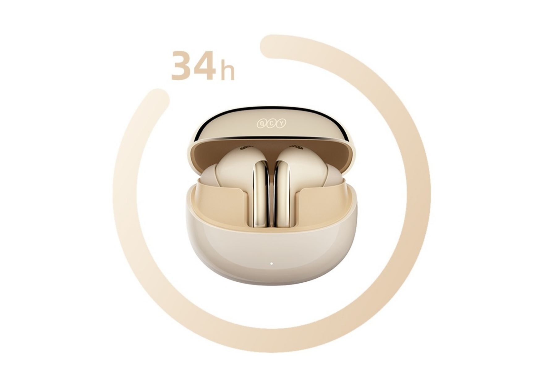 QCY kabellose Ohrhörer in beige mit Ladecase, 34 Stunden Akkulaufzeit, elegantes Design für unterwegs.