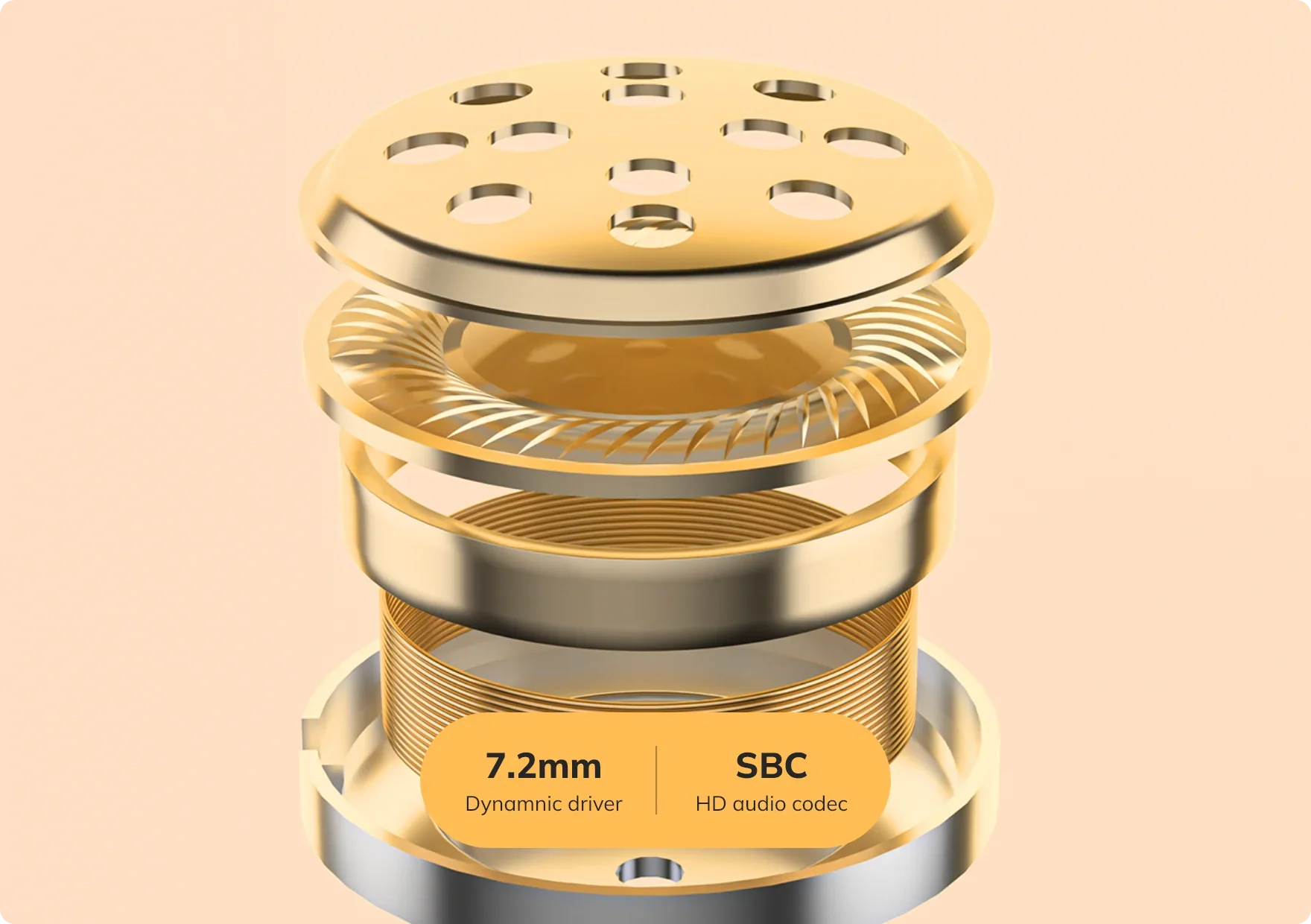 Goldener Lautsprechertreiber mit 7,2mm Dynamik und SBC HD Audio Codec.