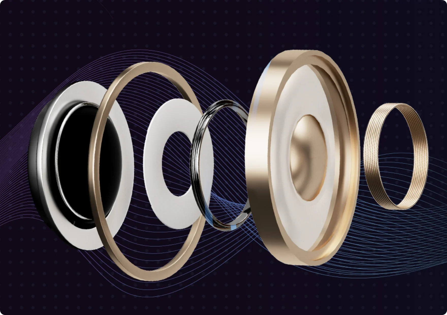 Zerlegte Lautsprechereinheit mit Magneten und Membran, detaillierte Ansicht der Audio-Komponenten.