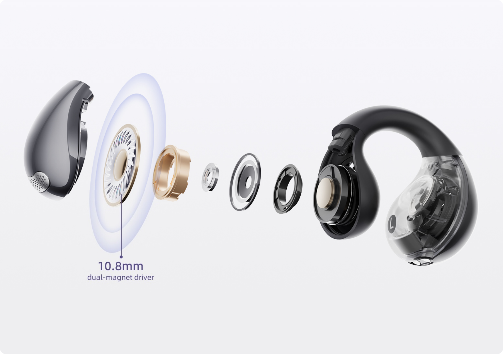 Aufgebaute Darstellung des 10,8mm Dual-Magnet-Treibers in einem Ohrhörer mit transparentem Gehäuse.