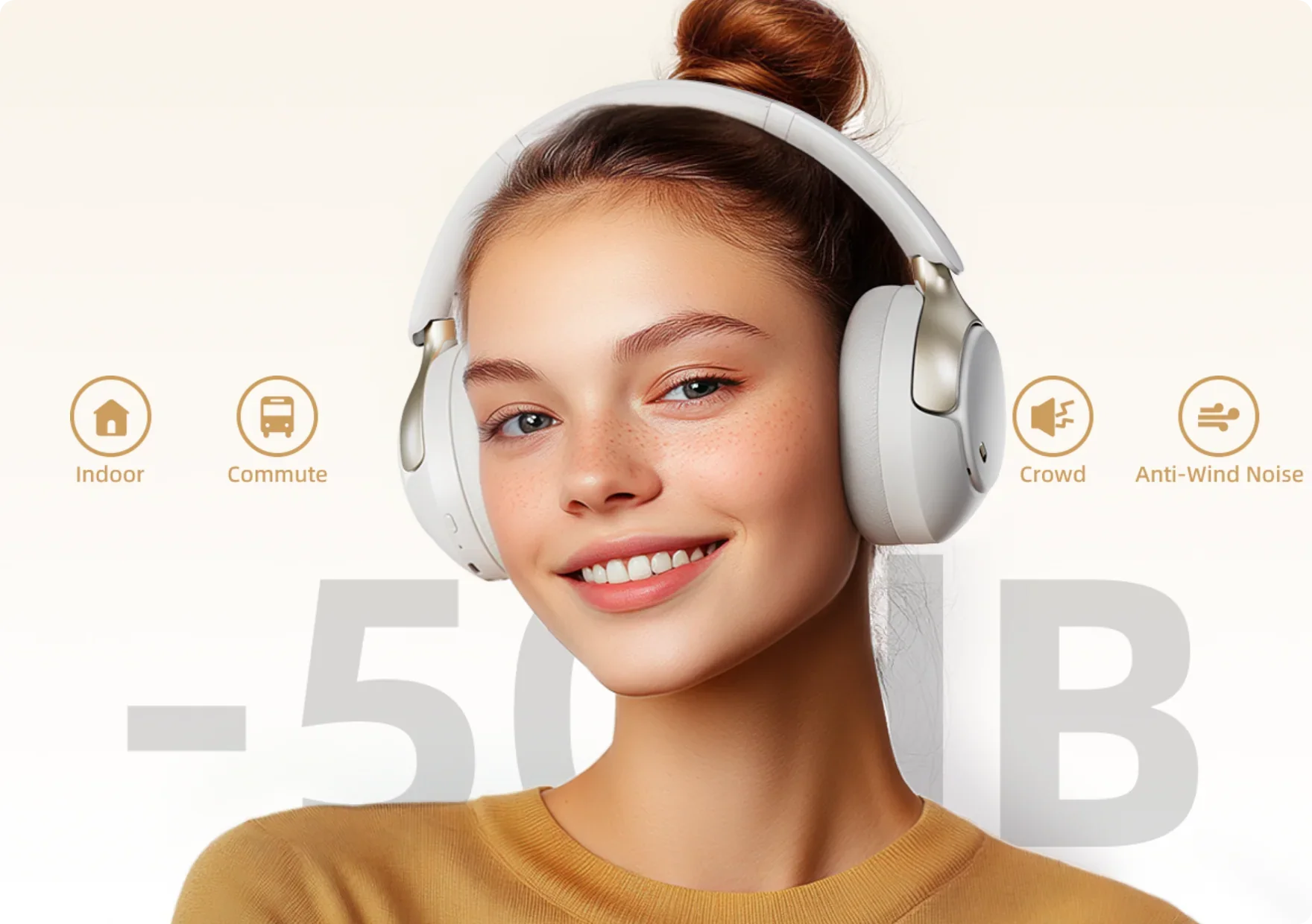 Weißes Noise-Cancelling-Headset mit -50dB Dämpfung für Indoor, Commute, Menschenmenge und Windgeräusche.