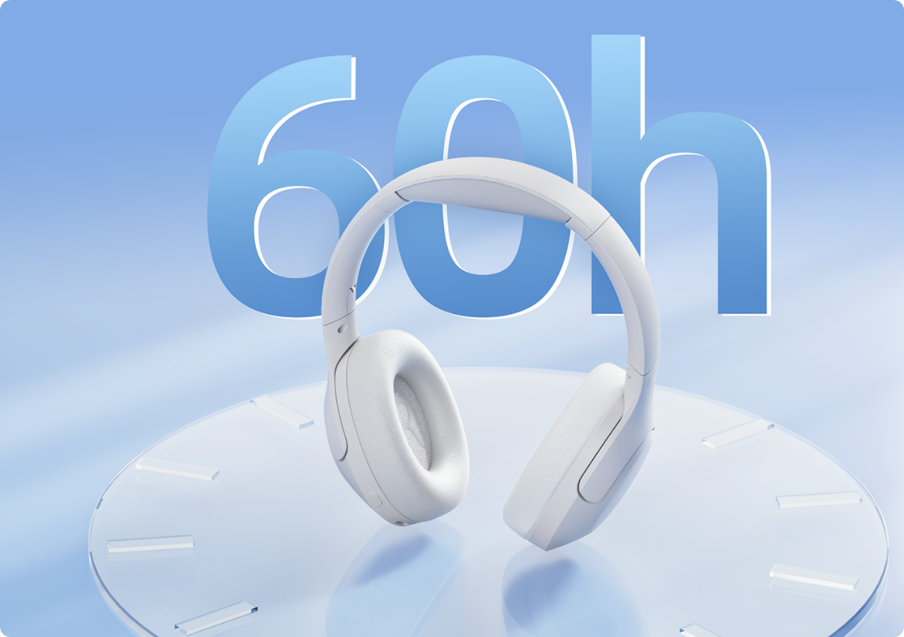 Weiße Over-Ear-Kopfhörer auf blauem Hintergrund mit „60h“ Akkulaufzeit – modernes Design für langen Musikgenuss.