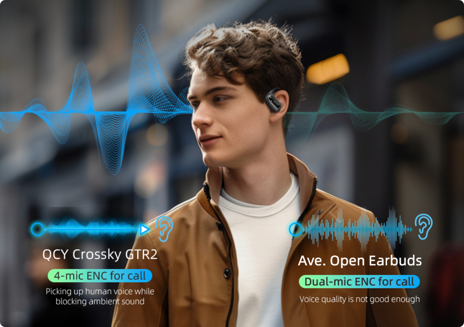 QCY Crossky GTR2 Ohrhörer mit 4-Mikrofon-ENC für klare Anrufe im Vergleich zu durchschnittlichen Open Earbuds.