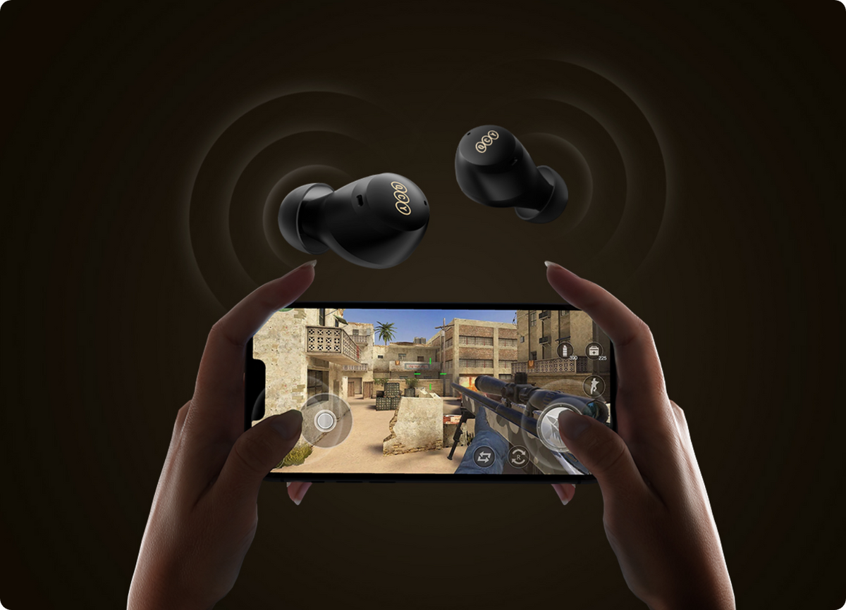 Black wireless earbuds for mobile gaming with immersive sound.