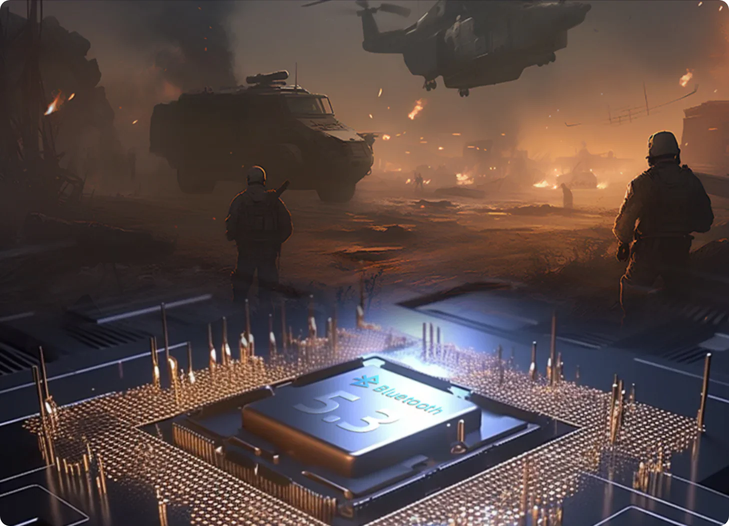 Bluetooth 5.3 Chip auf futuristischer电路板 mit Kriegsszenen im Hintergrund – High-Tech-Militärtechnologie