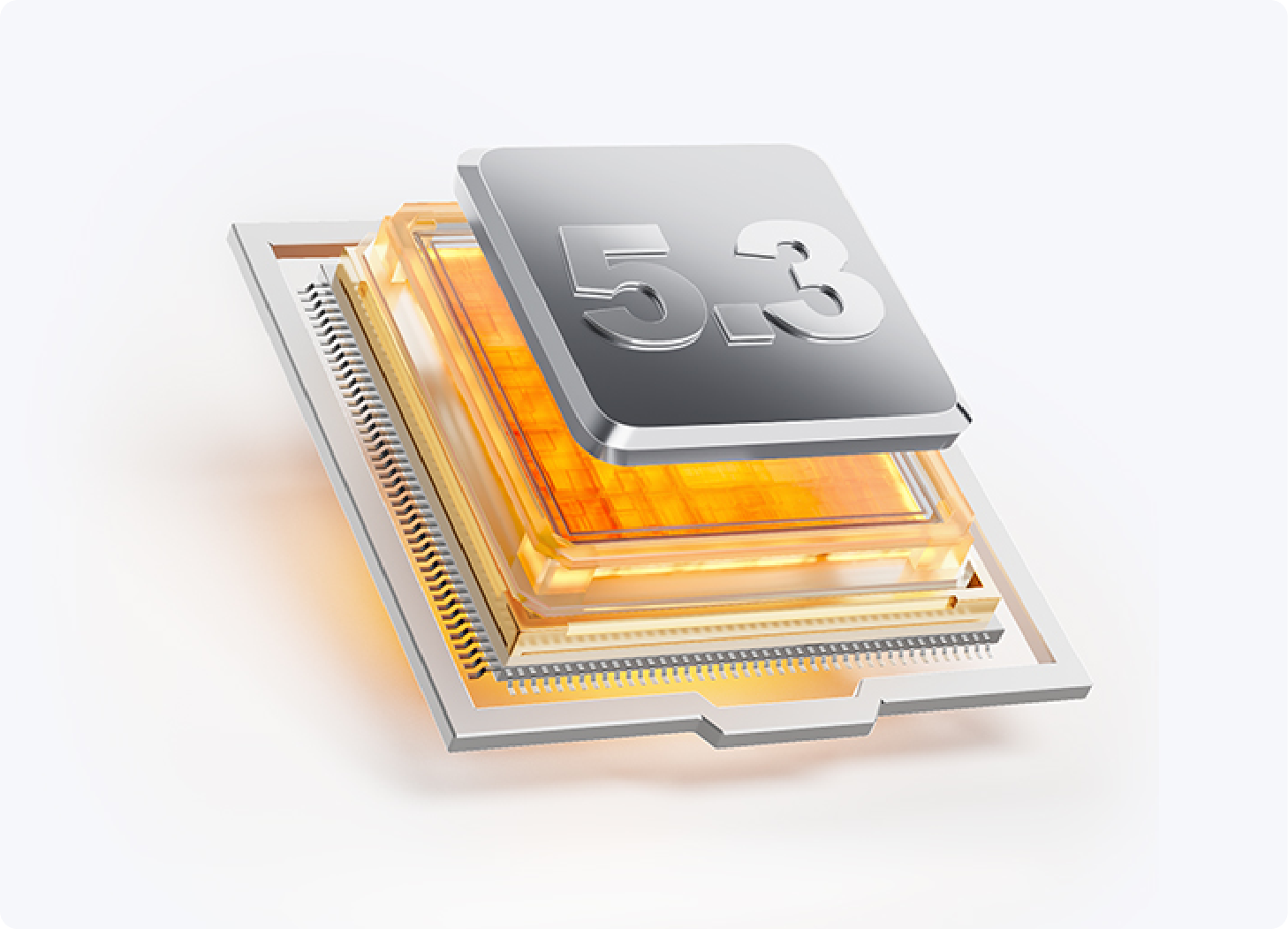CPU Prozessor 5.3 mit transparentem Design, moderner Mikrochip Architektur und leuchtenden goldenen Schichten auf weißem Hint