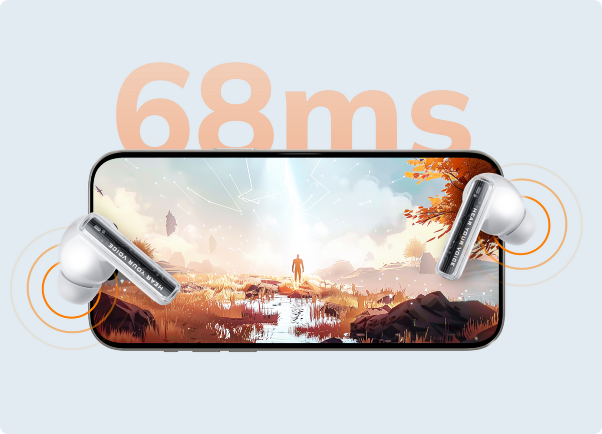 Weiße Bluetooth-Kopfhörer vor Smartphone mit 68ms Latenz-Anzeige und Herbstlandschaft auf dem Bildschirm.