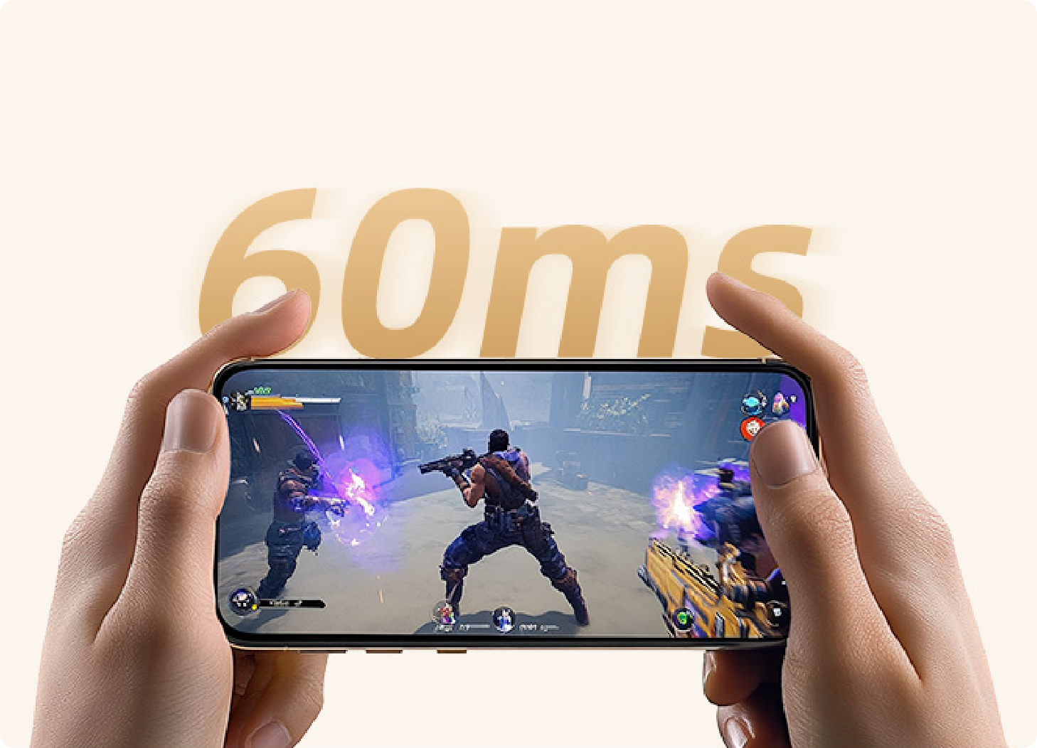 Hände halten Smartphone beim Gaming mit 60ms Reaktionszeit, actionreiches Shooter-Spiel auf dem Display.