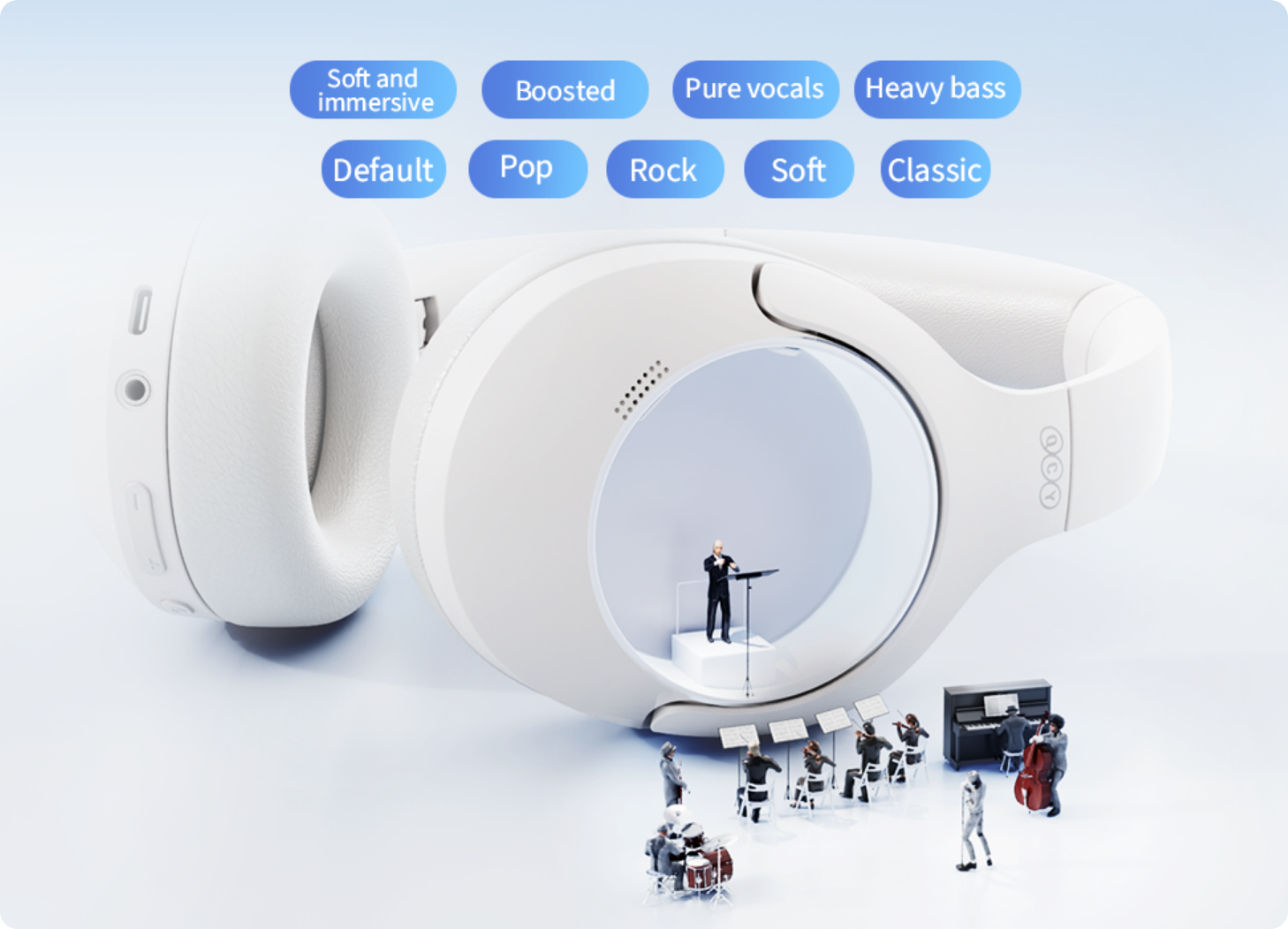 Weiße Over-Ear-Kopfhörer mit Mini-Orchester im Ohrmuschel-Innenraum und EQ-Modi wie Pop, Rock, Classic für immersiven Klang.