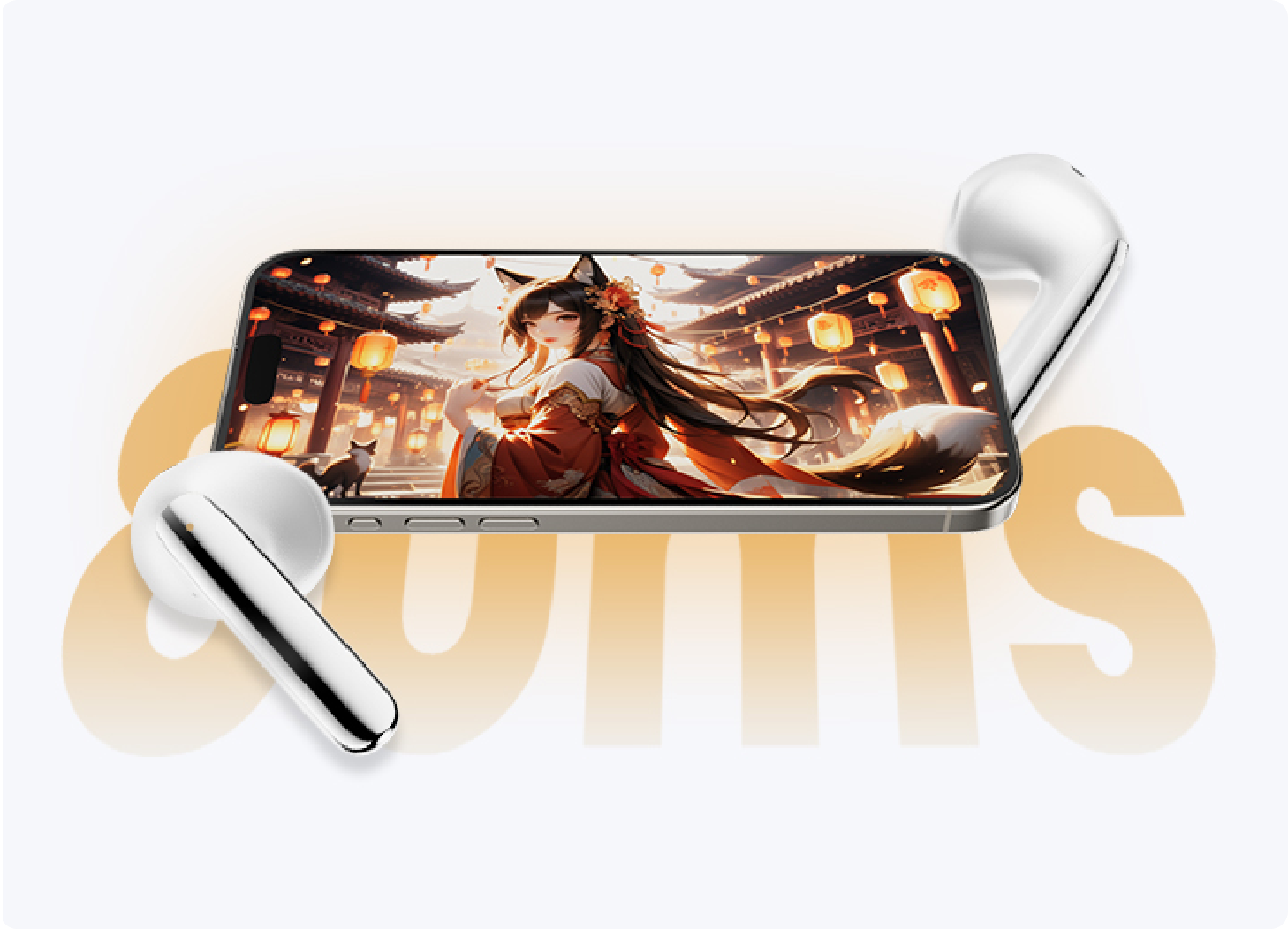 Weißes kabelloses Headset neben Smartphone mit Anime-Bildschirm, ideal für Musik und Calls – modernes Design & klare Klangqua
