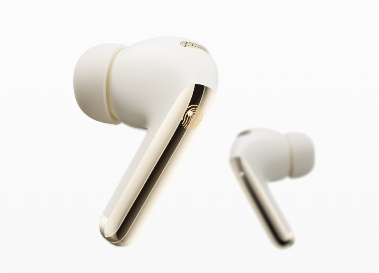 Weiße kabellose In-Ear-Kopfhörer mit goldener Akzentlinie und Fingerprint-Sensor auf weißem Hintergrund.