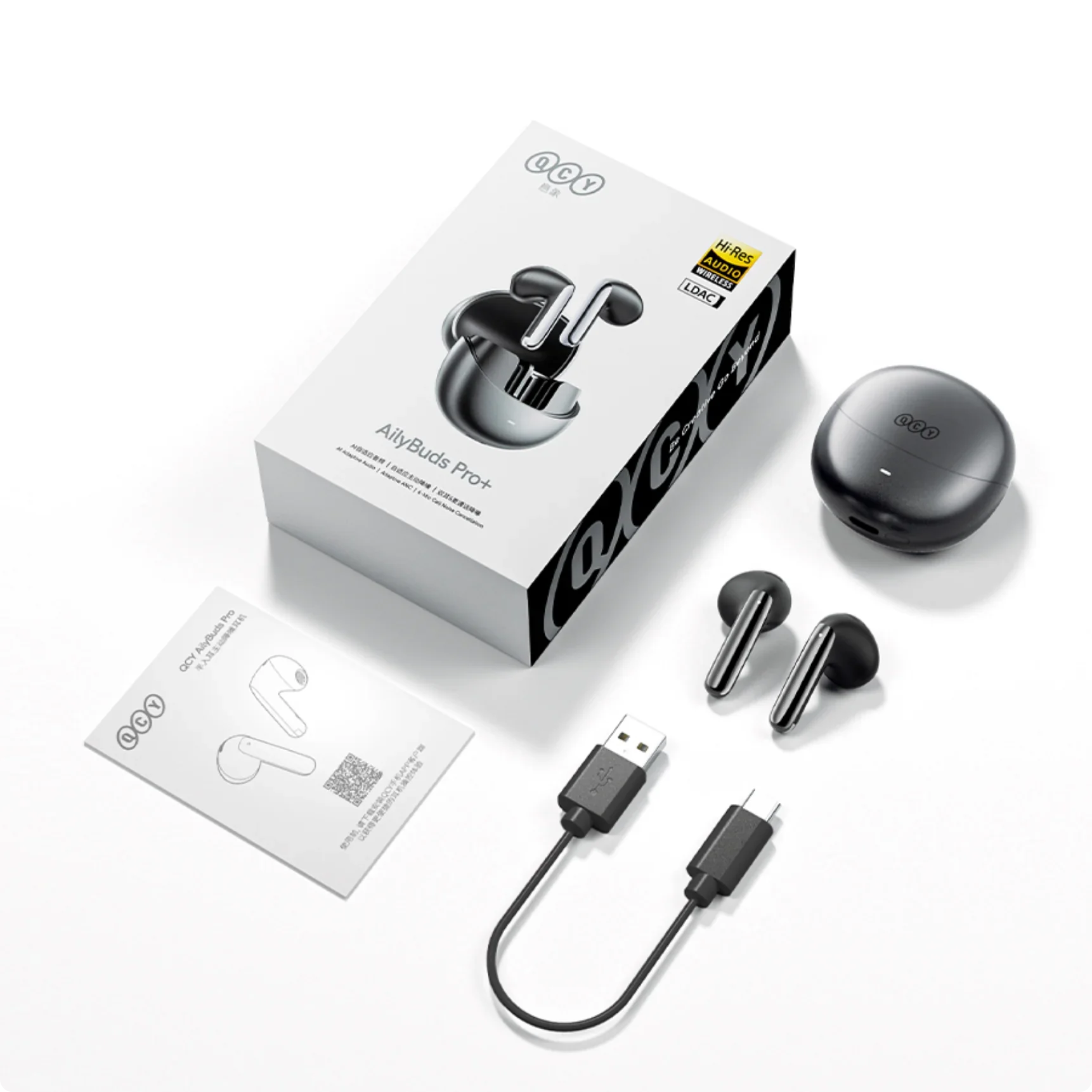 QCY AilyBuds Pro+ Drahtlose Kopfhörer mit Hi-Res Audio, LDAC und USB-C-Ladekabel im Set