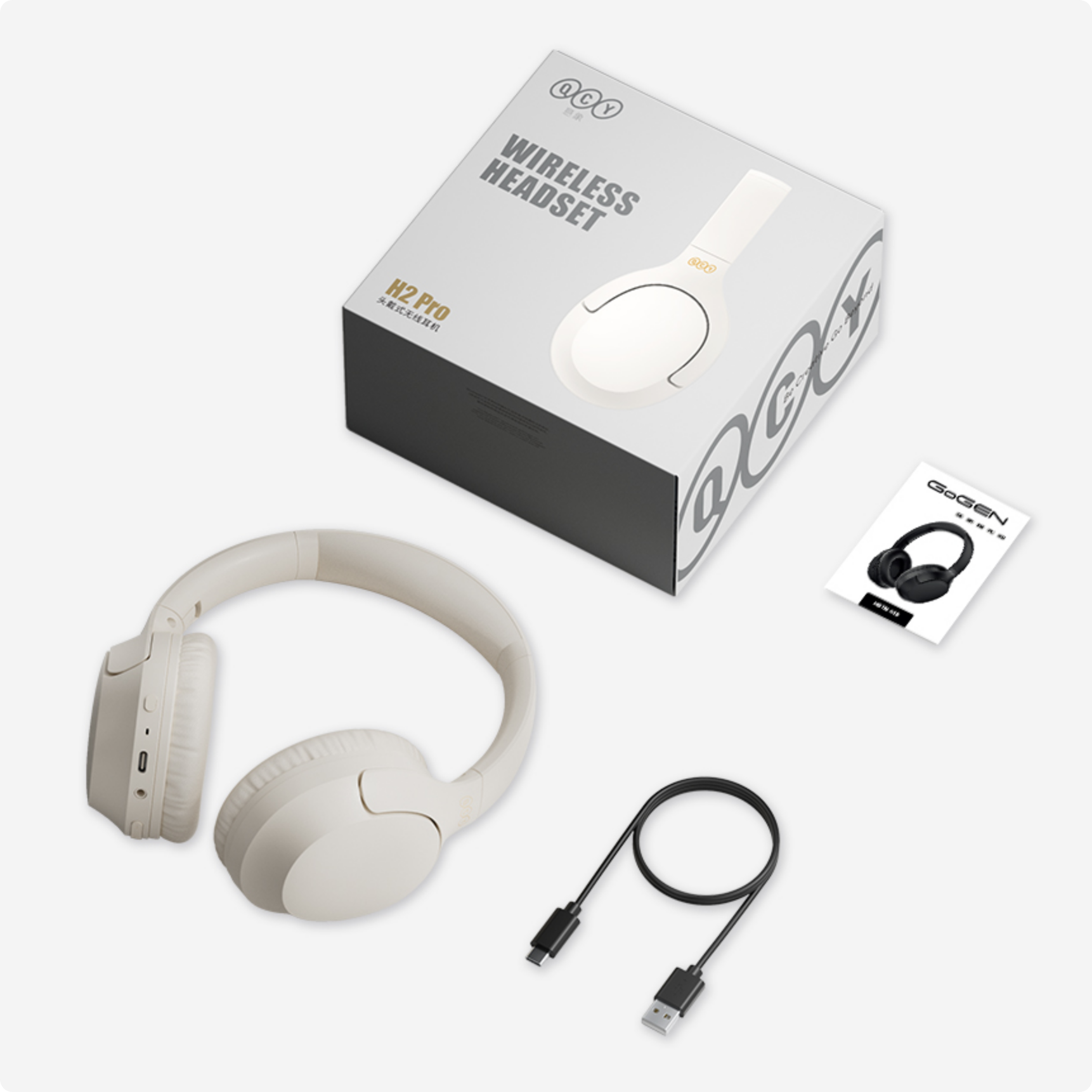 QCY H2 Pro Wireless Kopfhörer – Weiß, kabellos, mit USB-Ladekabel und Anleitung.