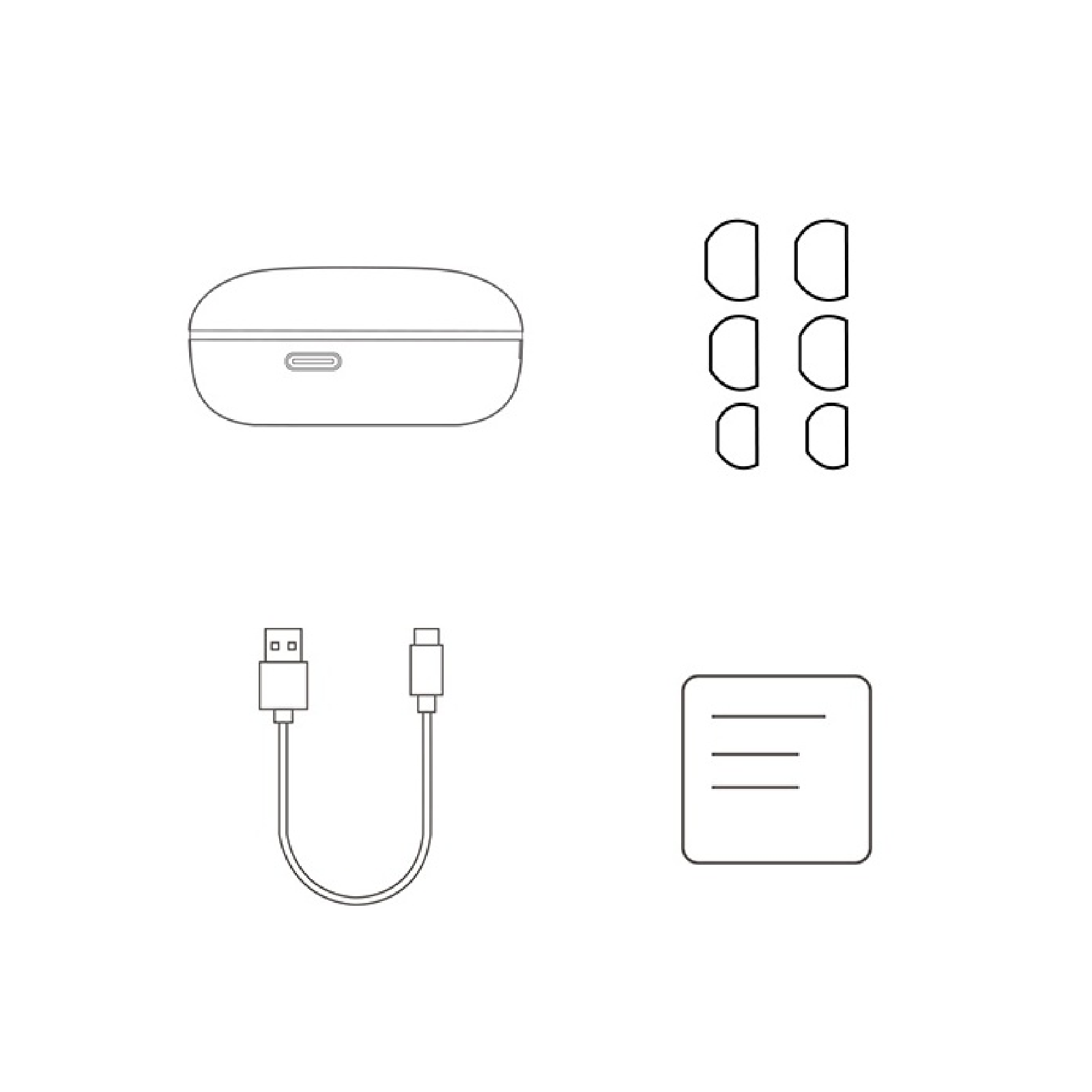 Ersatzteile für kabellose Kopfhörer: Etui, Ohrhörer, USB-Kabel und Anleitung.