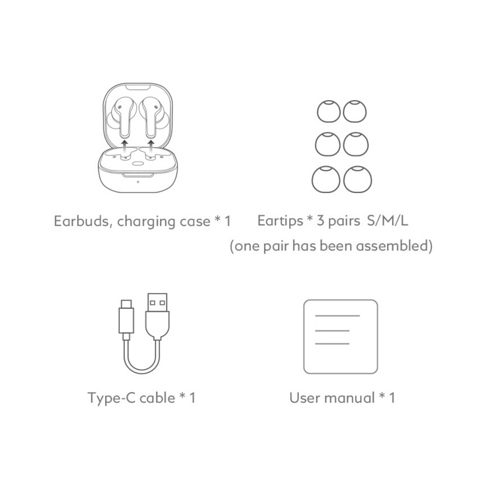 Inhalt der Verpackung: Kabellose Ohrhörer mit Ladecase, 3 Paar Silikon-Aufsätze (S/M/L), USB-C-Kabel und Bedienungsanleitung.