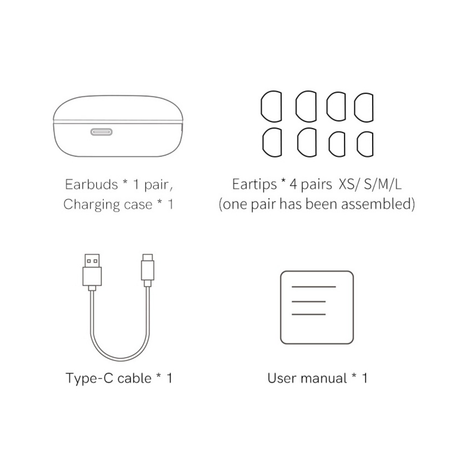 In-Ear-Kopfhörer mit Ladeetui, 4 Ohrstöpselgrößen, USB-C-Ladekabel und Bedienungsanleitung.