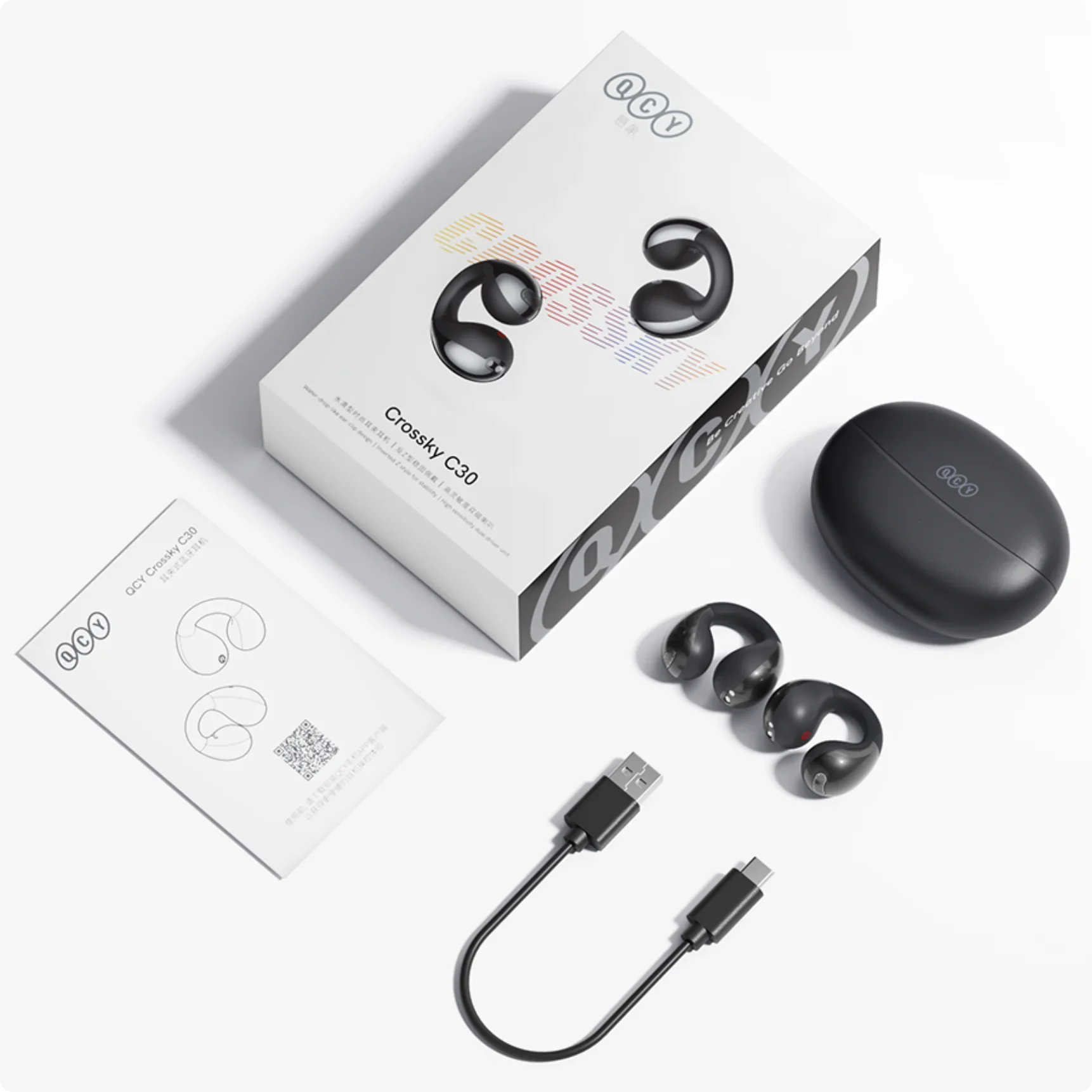 QCY Crossky C30 Knochenleitung Kopfhörer mit Ladecase, USB-Kabel und Anleitung – schwarz, offenes Design für Sport & Alltag