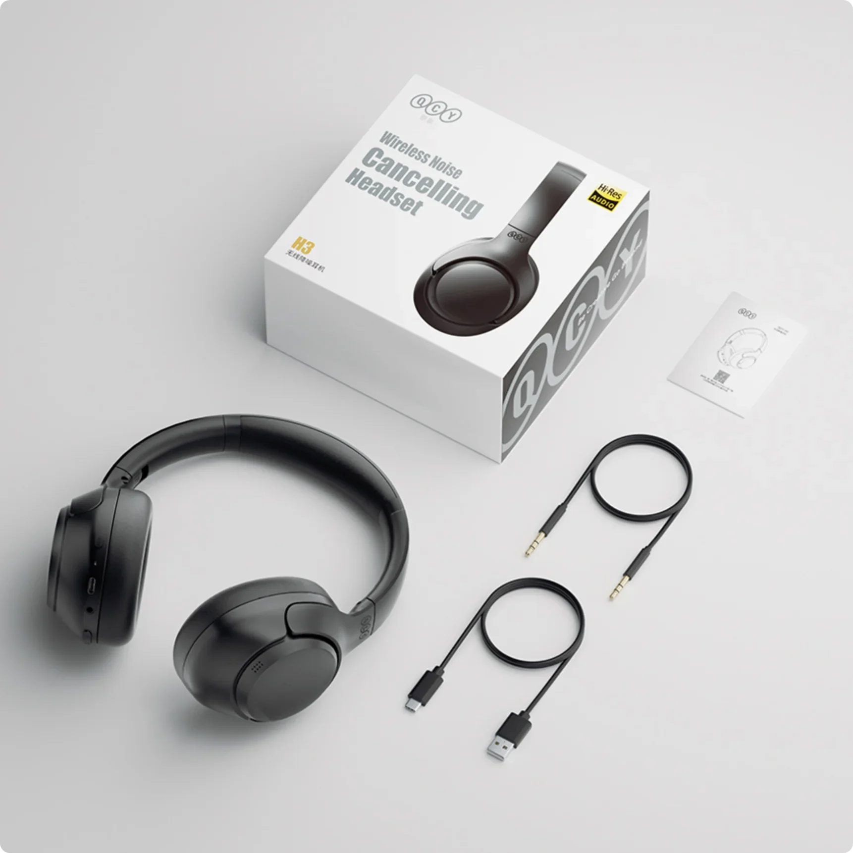 QCY H3 Wireless Noise Cancelling Kopfhörer mit Hi-Res Audio, USB-C und AUX-Kabel.