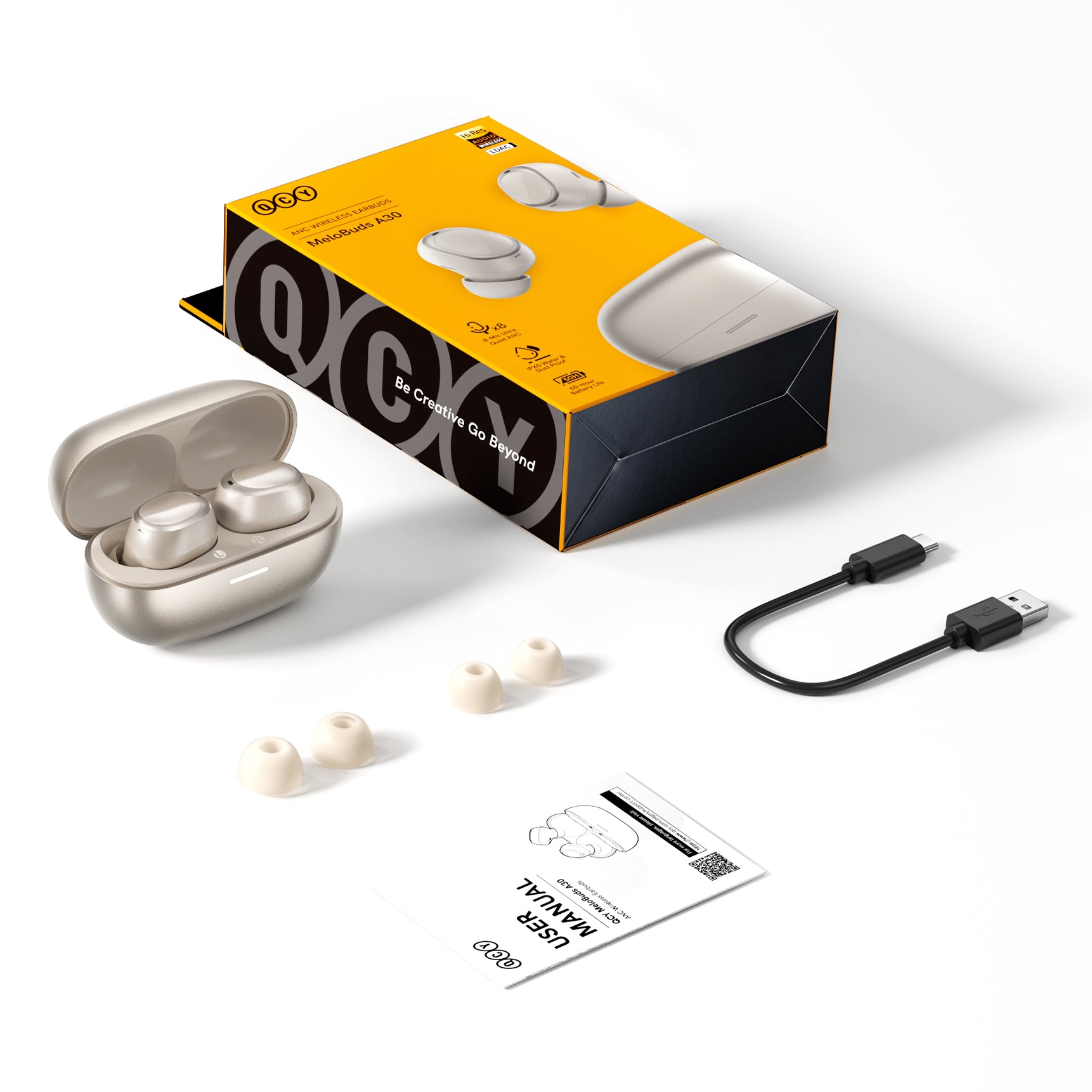 QCY Melobuds A30 True Wireless Kopfhörer mit Ladebox, USB-C Kabel und Ersatzohrstücken.