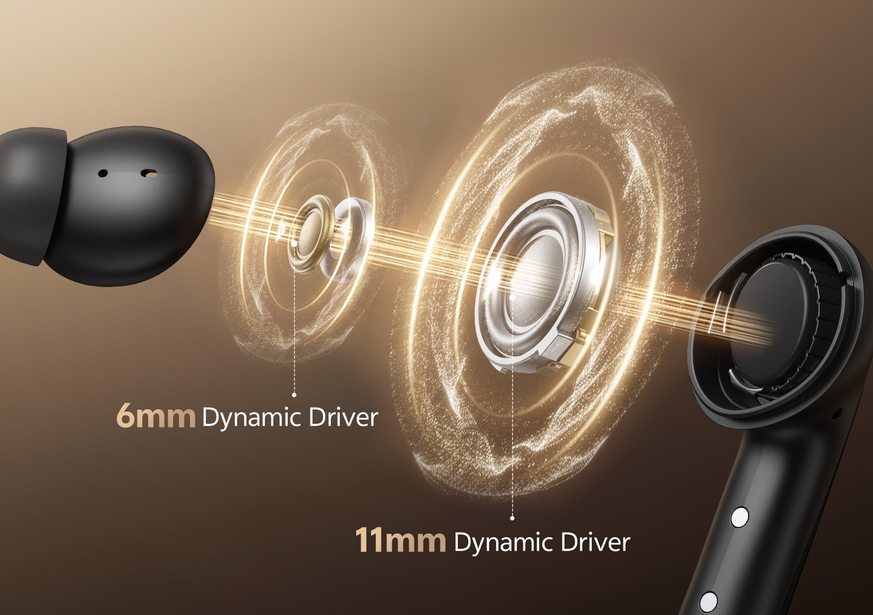 Earbuds mit 6mm und 11mm Dynamik-Treiber für Klang in HiFi-Qualität.