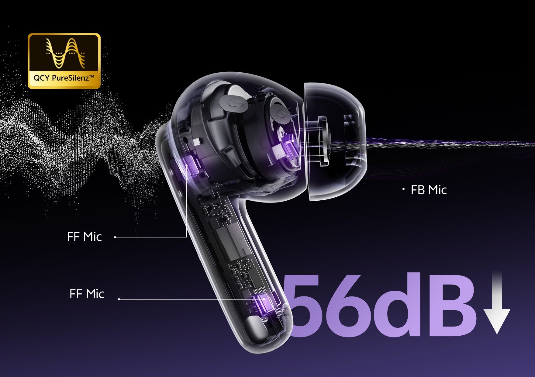 QCY True Wireless Kopfhörer mit PureSilenz™ Technologie und 56dB Geräuschunterdrückung. Transparentes Design zeigt interne Mi