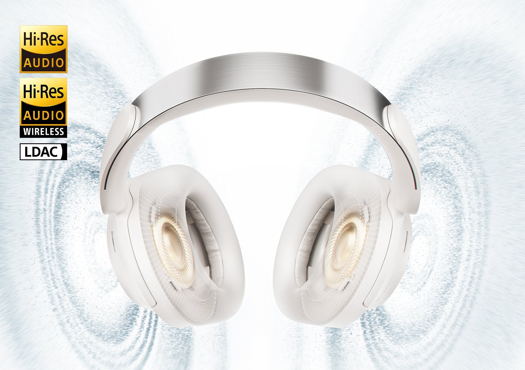 Weiße Hi-Res Wireless Kopfhörer mit LDAC, überlegener Klangqualität.