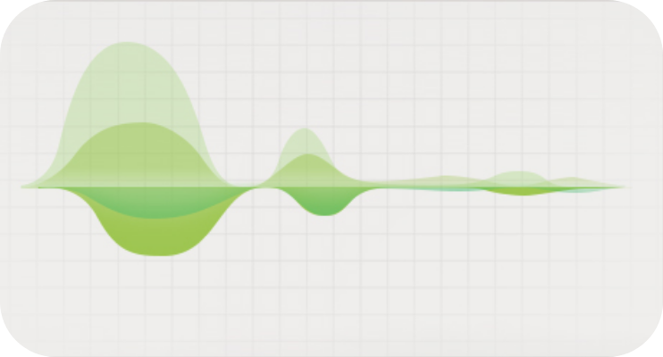 Grüne Audio-Wellenform auf kariertem Hintergrund, Visualisierung von Schallwellen oder Sprachaufnahme.