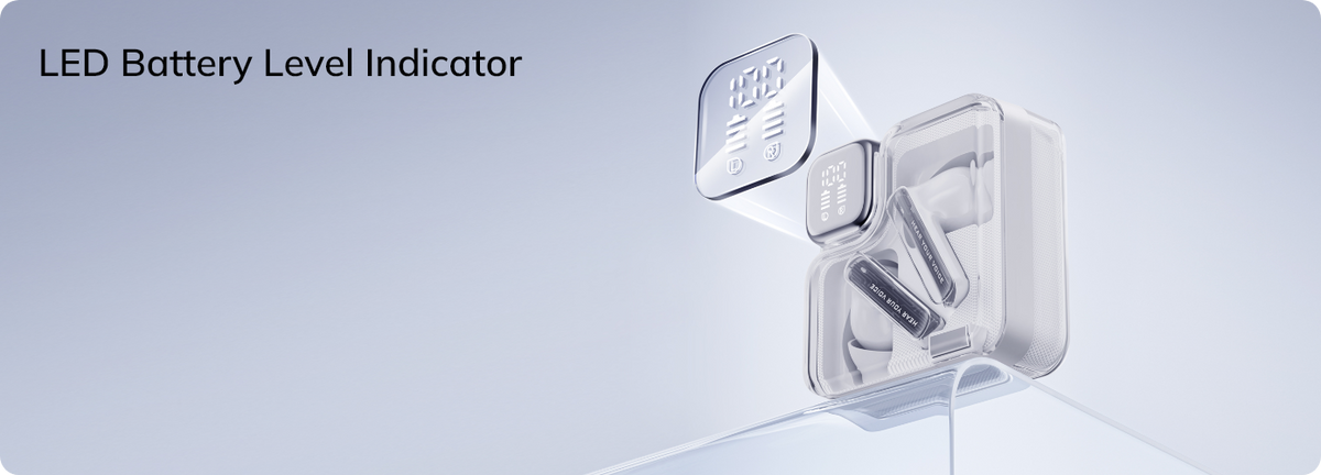 Transparente Bluetooth-Kopfhörer mit LED-Batterieanzeige im Ladecase.