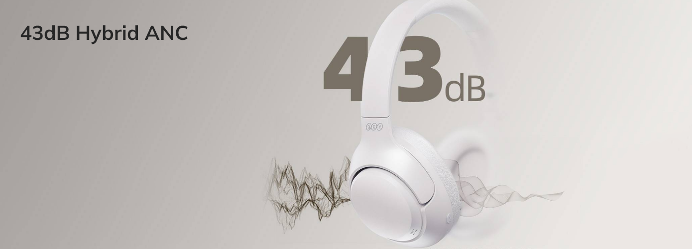 Weiße Over-Ear-Kopfhörer mit 43dB Hybrid ANC – Geräuschunterdrückung visualisiert durch Wellenformen.