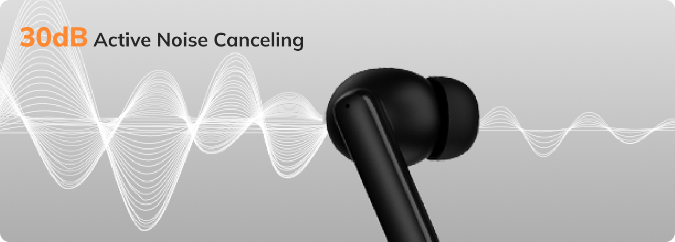 Schwarze In-Ear-Kopfhörer mit 30dB Active Noise Cancelling gegen Hintergrund mit Schallwellen.