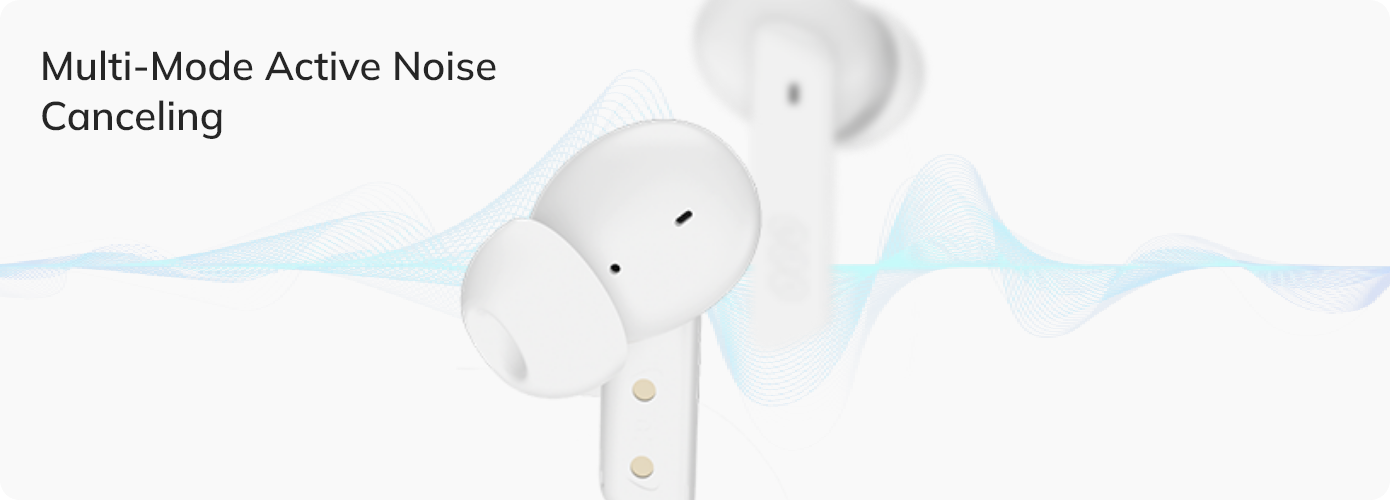 Weiße kabellose Kopfhörer mit Multi-Mode Active Noise Canceling und Wellenvisualisierung.