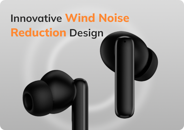 Schwarze kabellose Ohrhörer mit innovativem Windgeräusch-Reduzierungsdesign für klare Audioqualität.
