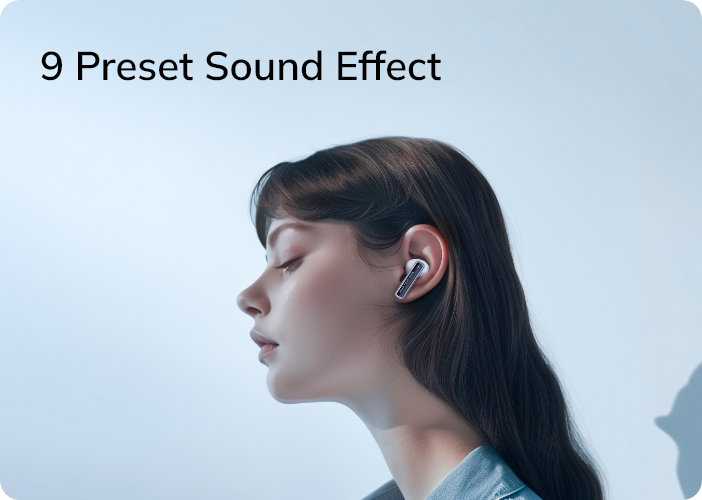 Frau mit kabellosen Ohrhörern, 9 Preset Sound Effect