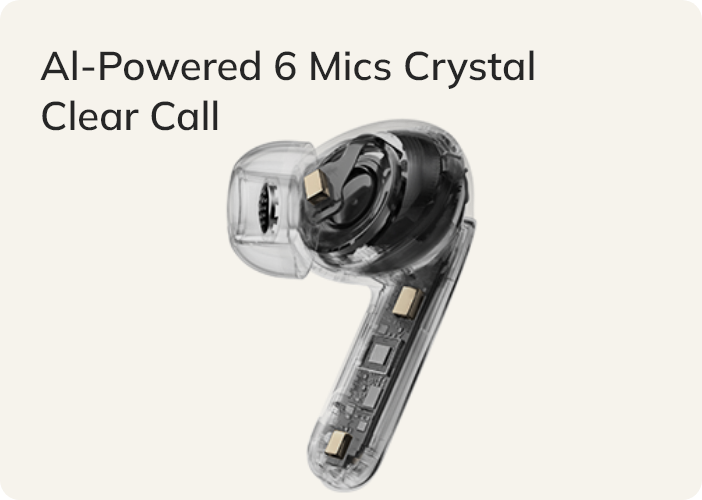 Transparenter In-Ear-Kopfhörer mit 6 Mikrofonen und KI-Technologie für kristallklare Anrufe.