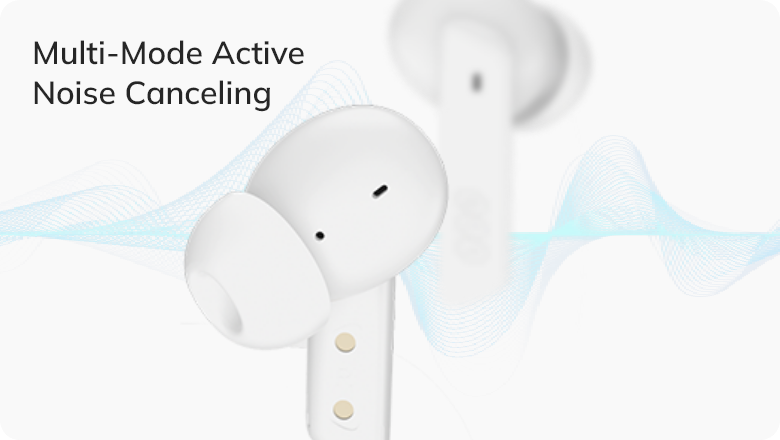 Weiße kabellose Kopfhörer mit Multi-Mode Active Noise Cancelling und blauen Wellenlinien im Hintergrund.