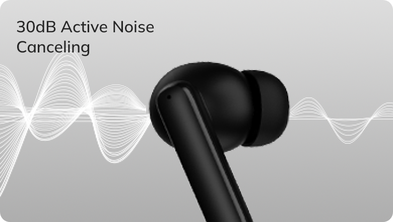 Schwarze In-Ear-Kopfhörer mit 30dB Active Noise Cancelling, dargestellt durch Schallwellen-Grafik auf grauem Hintergrund.