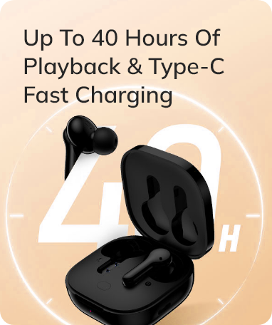 Schwarze True-Wireless-Kopfhörer mit Ladeetui, bis zu 40 Stunden Wiedergabe und Type-C Schnellladung.