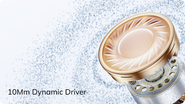 Nahaufnahme eines 10mm dynamischen Treibers in goldener Optik mit transparentem Gehäuse für hochwertige Audiowiedergabe.