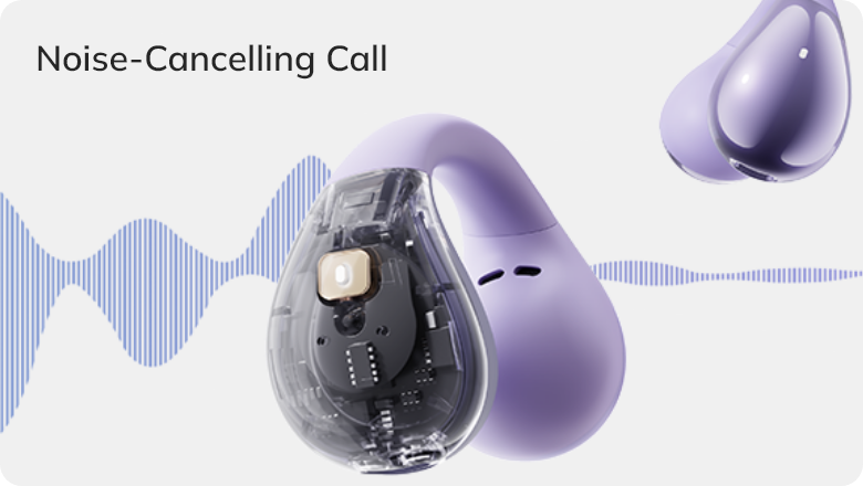 Lila Noise-Cancelling-Ohrhörer mit sichtbarer Technik und Schallwellen-Grafik für klare Anrufe.