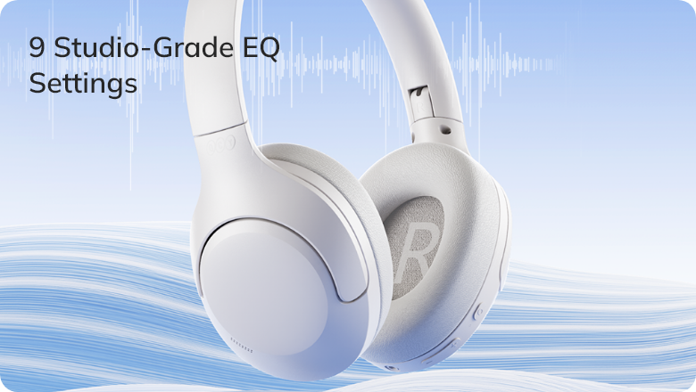 Weiße Over-Ear-Kopfhörer mit 9 Studio-Grad EQ-Einstellungen, ideal für Musikgenuss.
